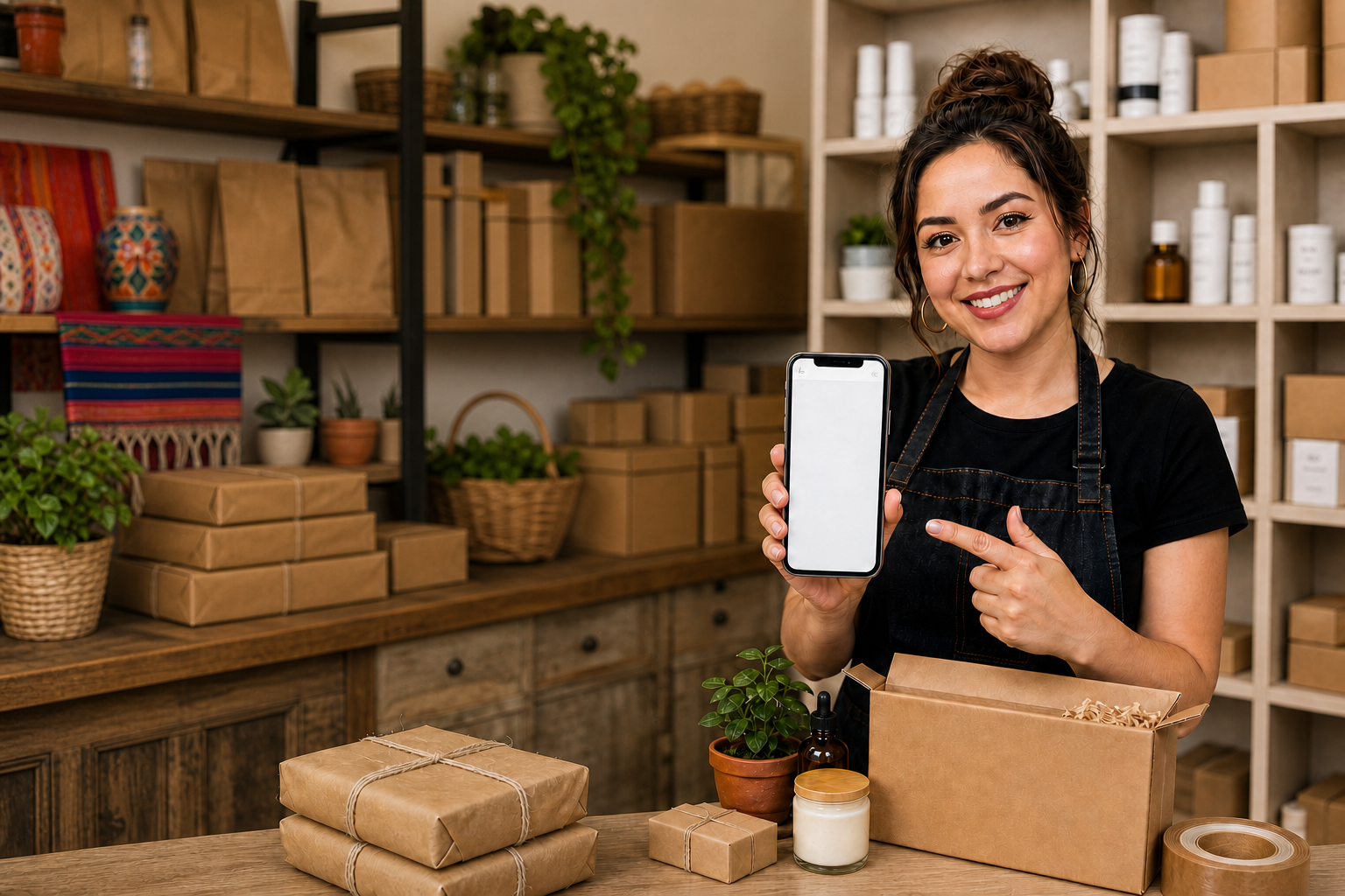 Emprendedora mexicana mostrando su tienda en linea